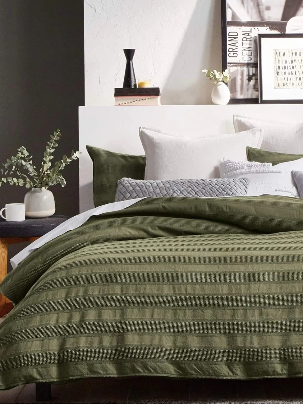 Organic DKNY Pure Avenue Stripe King Duvet Cover Olive Green Cotton Woven Waffle